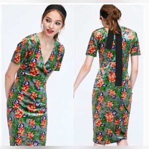 Zara Velvet Dress Women Stretch Midi Size L Floral Green Colorful Fall Party